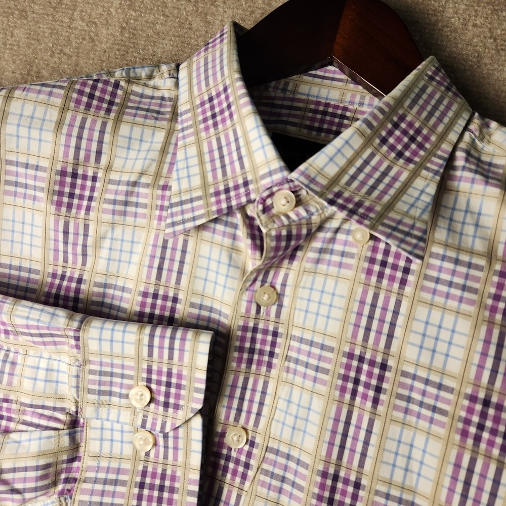 Scott Barber Button Down Shirt Mens L Purple Tan Plaid Long‎ Sleeve Cotton